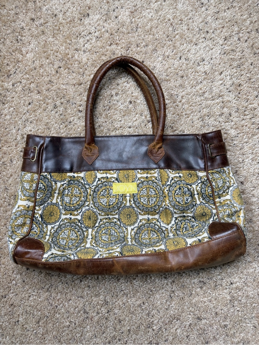 Canvas Shoulder Tote with Brown Leather Trim and Yellow Pattern